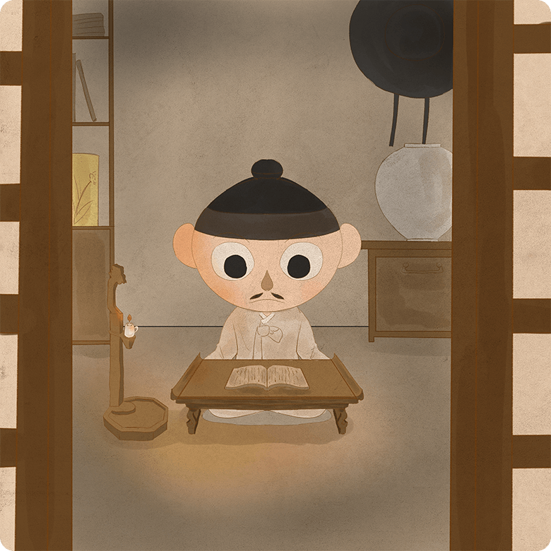 방에서 책을 읽는 선비와 조선 백자