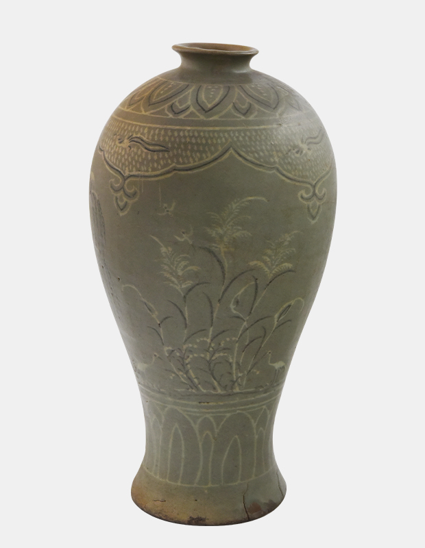Celadon prunus vase with inlaid willow and waterfowl design